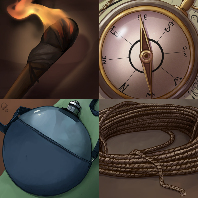 Collage of adventure supplies: torch, compass, canteen, and rope